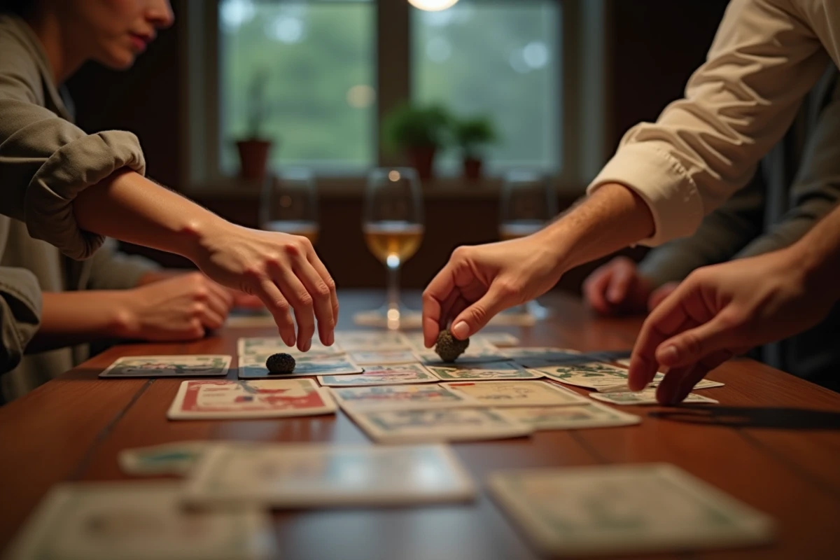 Gros plan sur des mains d'adultes interagissant avec des cartes et jetons du jeu Touche touche pas sur une table en bois