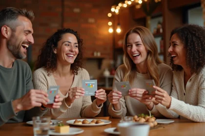 Groupe d'amis adultes riant autour d'une table en bois en grattant des cartes à gratter personnalisées lors d'une soirée festive
