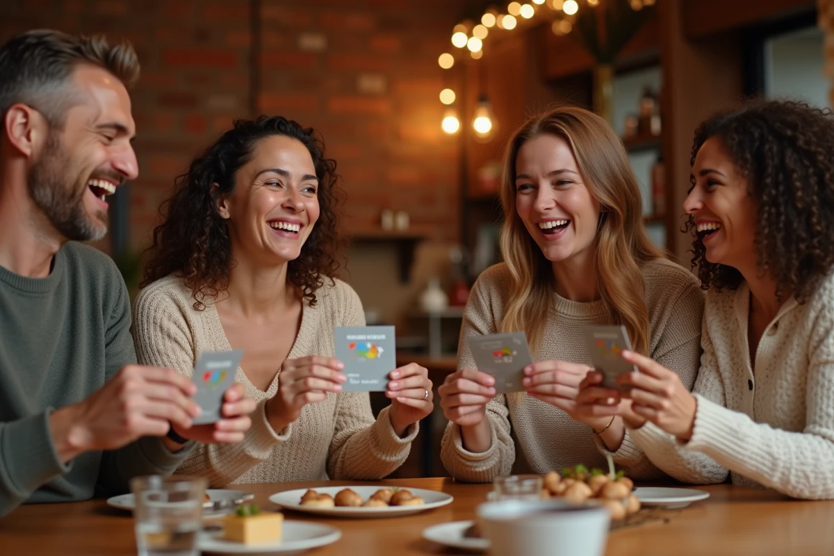 Groupe d'amis adultes riant autour d'une table en bois en grattant des cartes à gratter personnalisées lors d'une soirée festive
