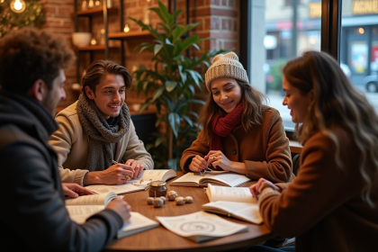 Groupe d'amis autour d'un café avec symboles astrologiques