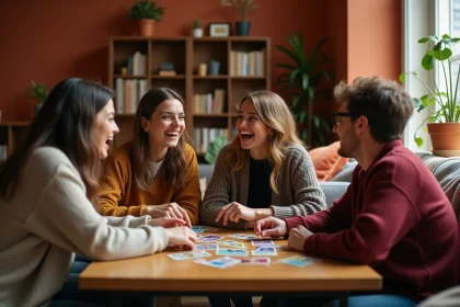 Groupe d'amis adultes jouant à un jeu de société tactile autour d'une table basse en bois dans un salon chaleureux