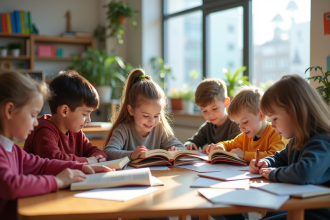 Enfants lisant en classe lumineuse et moderne
