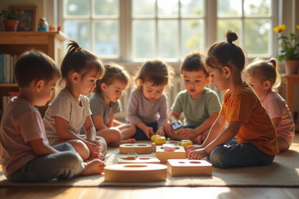 Groupe d'enfants Montessori en classe lumineuse