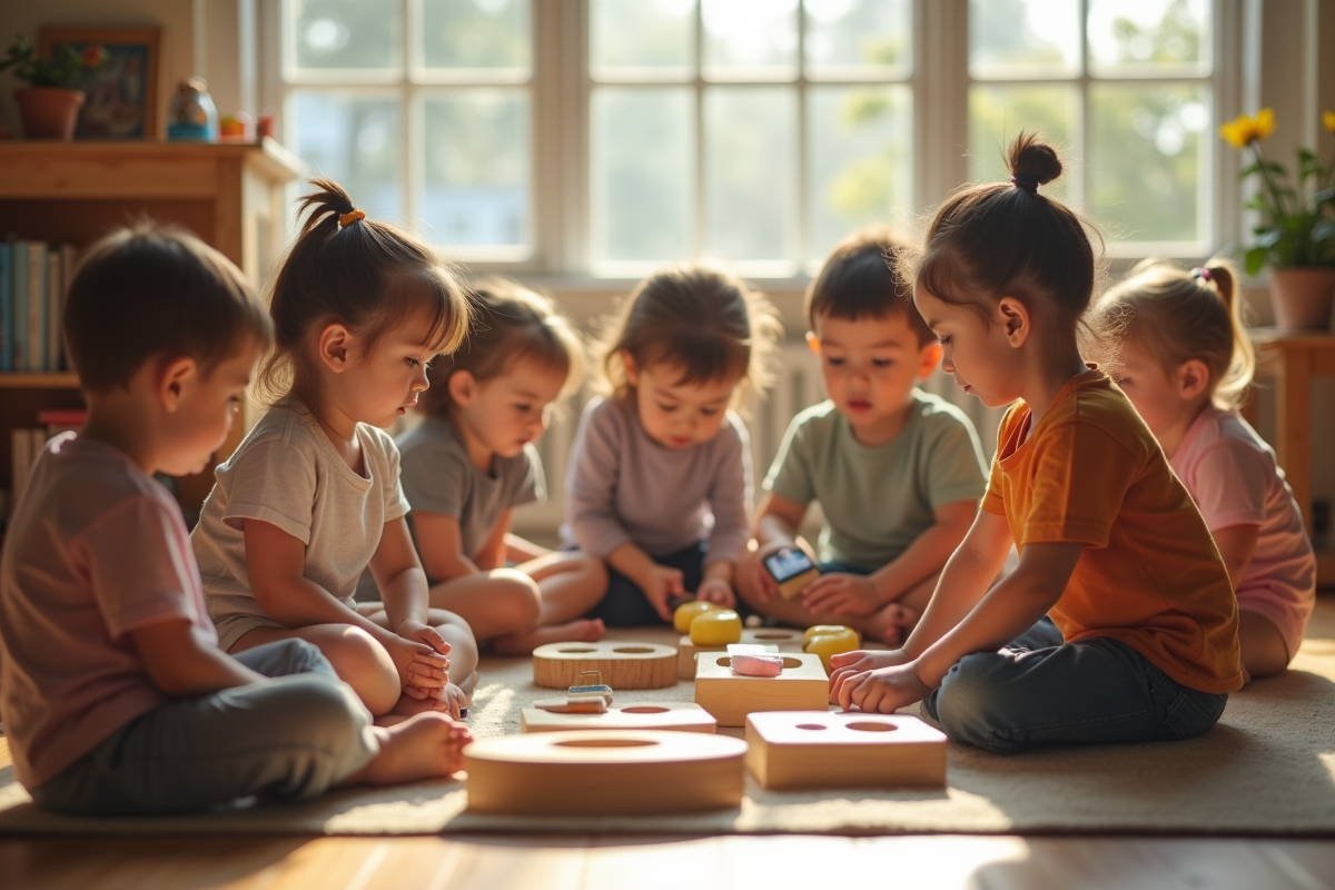 Groupe d'enfants Montessori en classe lumineuse