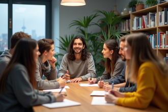 Groupe d'étudiants collaborant dans une salle moderne