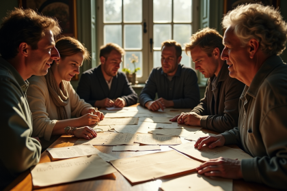 Groupe diversifié autour de photos anciennes en famille