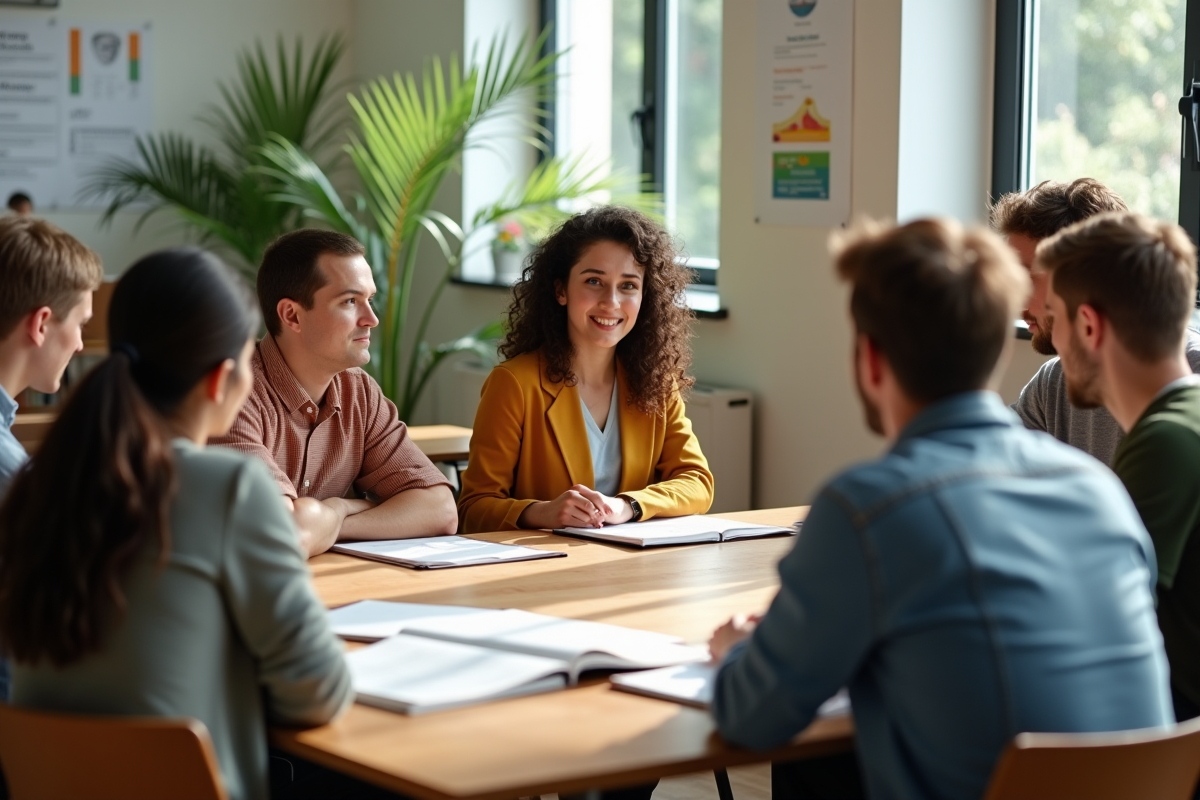 Groupe d adultes en formation autour d une table en salle lumineuse