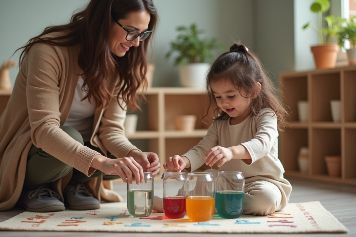 Assistante Montessori aidant une fille à verser de l