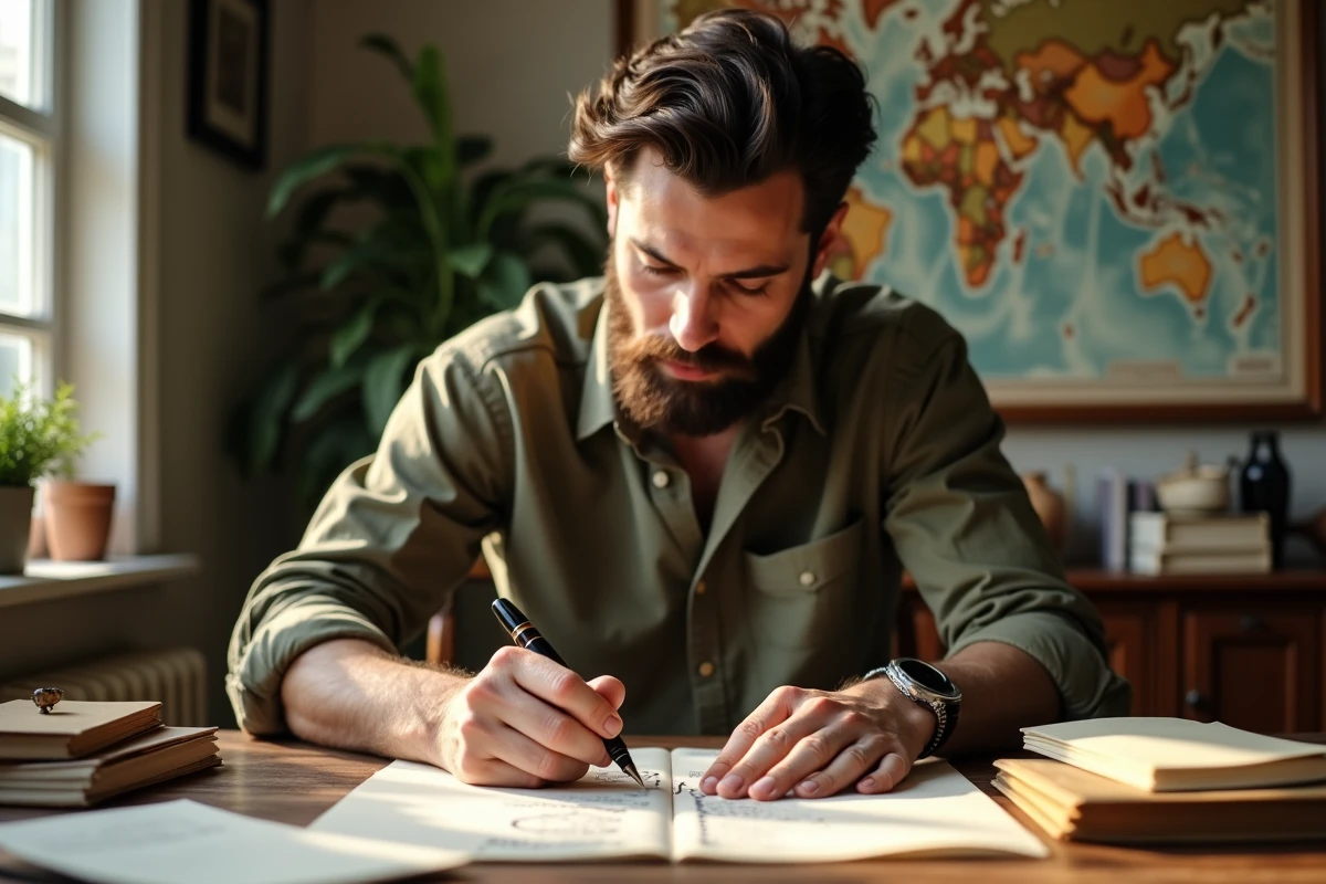 Homme &eacute;crivant un pr&eacute;nom &agrave; la plume sur papier, illustrant la recherche de l'origine et du sens du pr&eacute;nom Noah