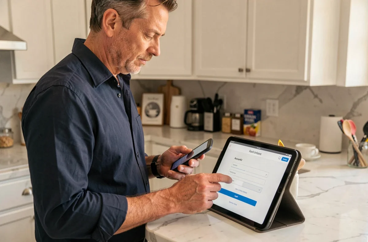 Homme consultant son compte Orchestra sur tablette et smartphone dans une cuisine moderne