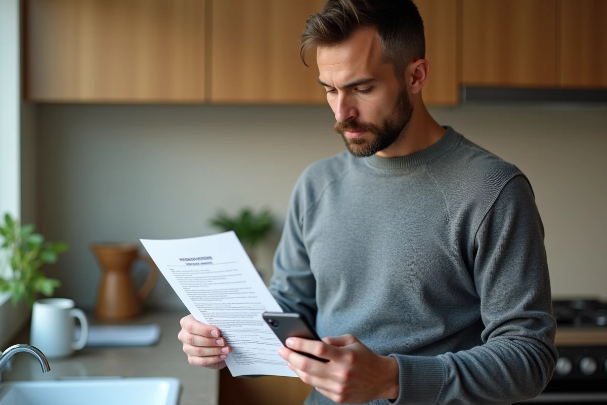 Homme consultant un document administratif officiel et un smartphone pour obtenir son acte de naissance