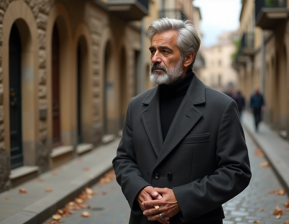 Homme d'origine moyen-orientale en manteau élégant dans une rue pavée européenne, atmosphère nostalgique et identité culturelle