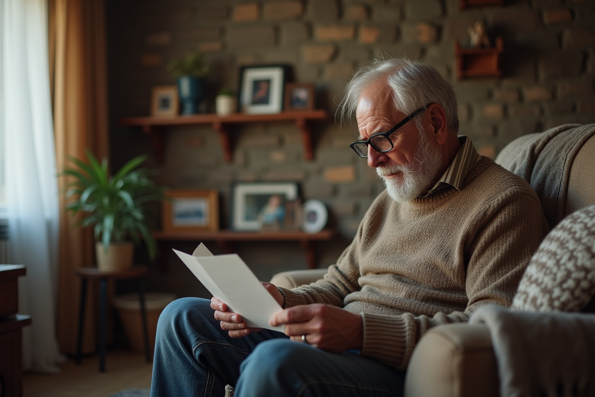 Homme âgé lisant une lettre dans le salon chaleureux