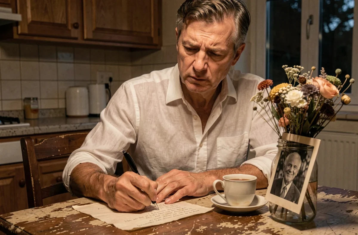 Homme d'une cinquantaine d'années écrivant une lettre à son père décédé dans une cuisine, photo ancienne posée sur la table