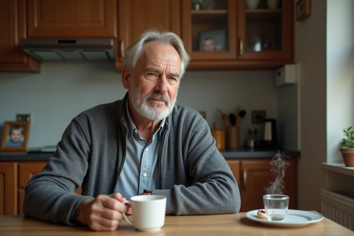 Homme d'âge moyen pensif dans une cuisine chaleureuse