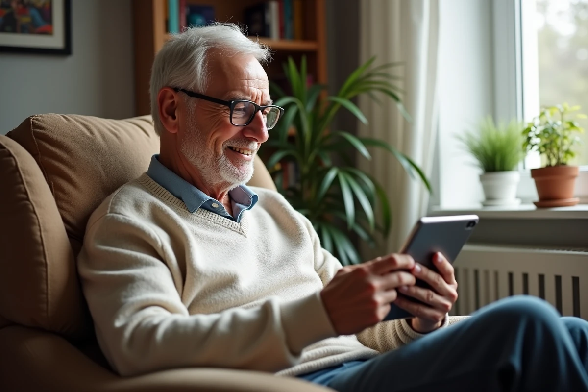 Homme senior utilisant une tablette dans un salon cosy