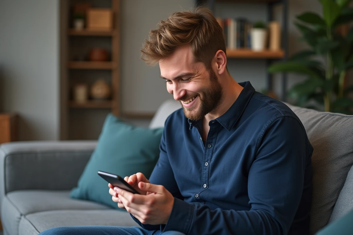 Homme souriant en train d'envoyer un message d'anniversaire par SMS sur son smartphone dans un salon moderne