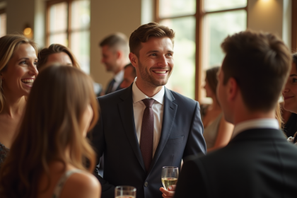 Homme bien habille souriant lors d'une reunion sociale lumineuse