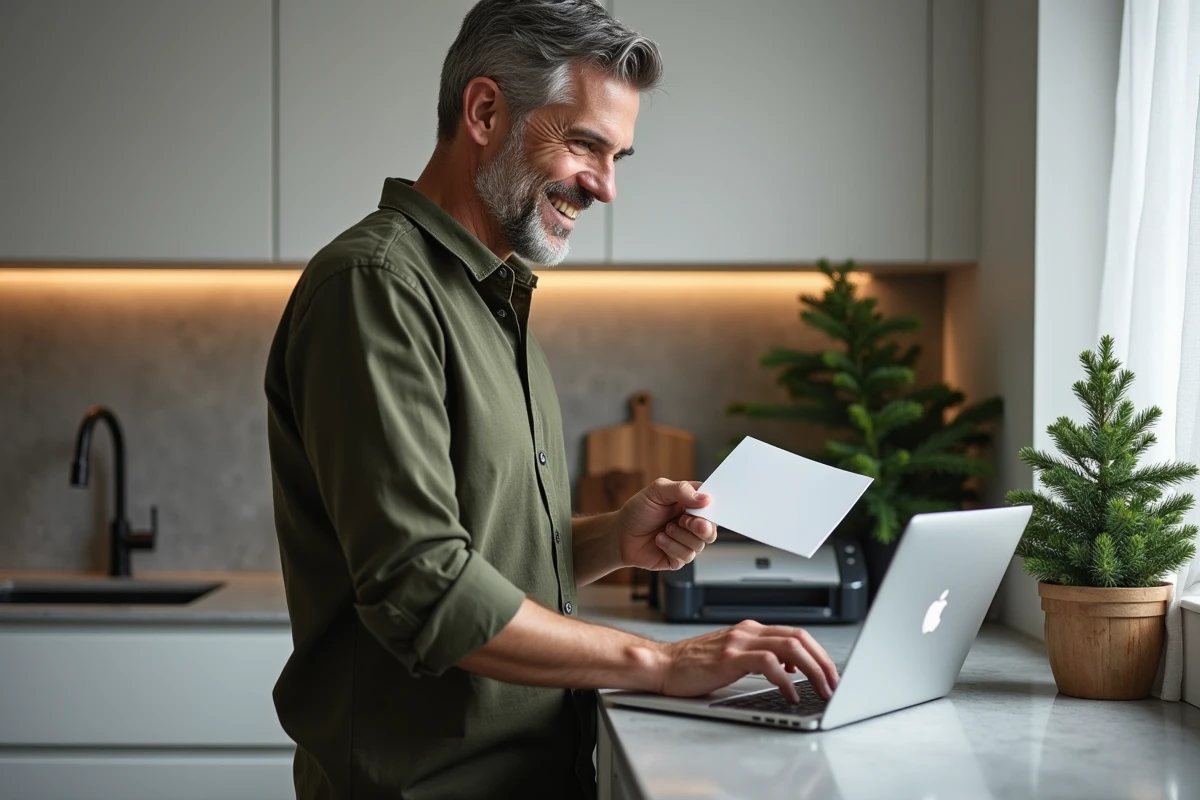 Homme d'une quarantaine d'années téléchargeant une carte de Noël gratuite à imprimer sur son ordinateur portable dans une cuisine scandinave moderne avec une imprimante à portée de main
