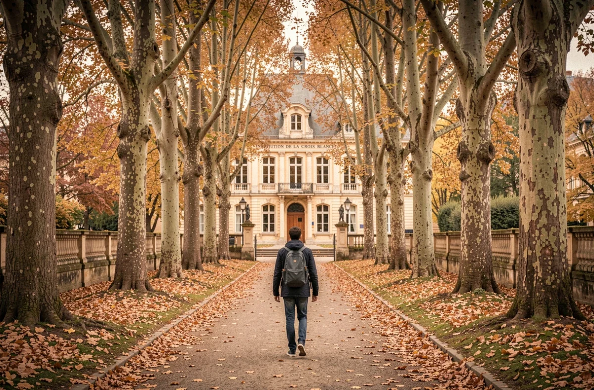 Allée arborée menant à l'Institution de la Croix Blanche à Bondues avec un élève marchant vers le bâtiment