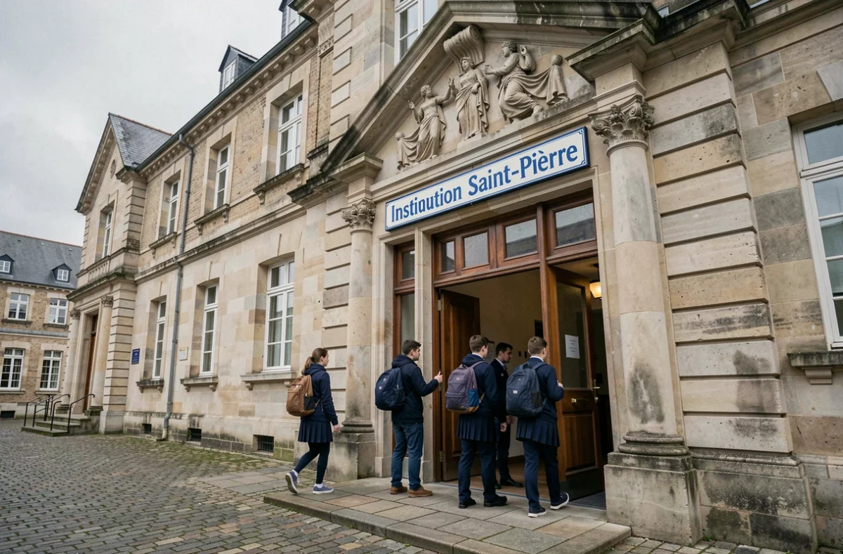Façade de l'Institution Saint-Pierre de Calais, école privée catholique avec son entrée en pierre et sa cour intérieure