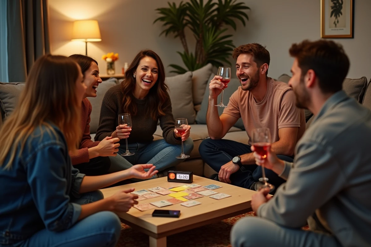 Groupe d'amis adultes jouant à un jeu de société animé lors d'une soirée anniversaire improvisée dans un salon chaleureux