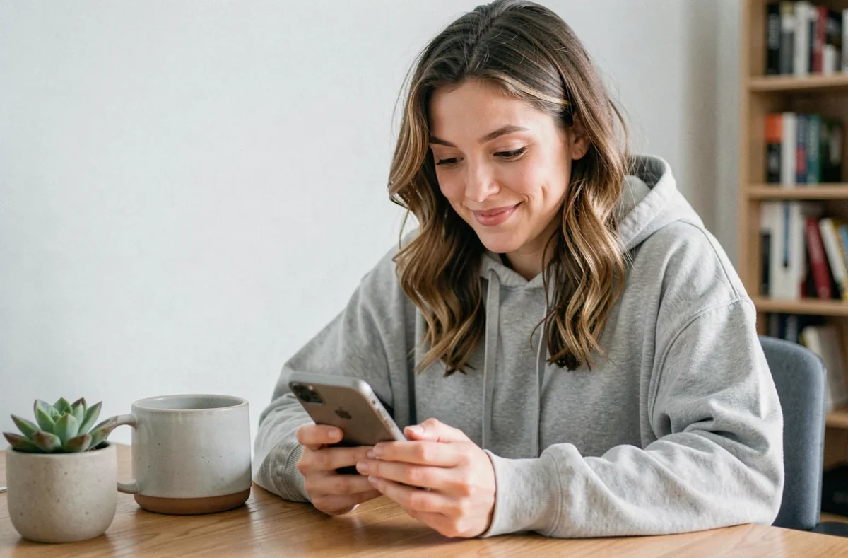 Femme jouant à un jeu mobile sans inscription sur son smartphone dans un bureau minimaliste
