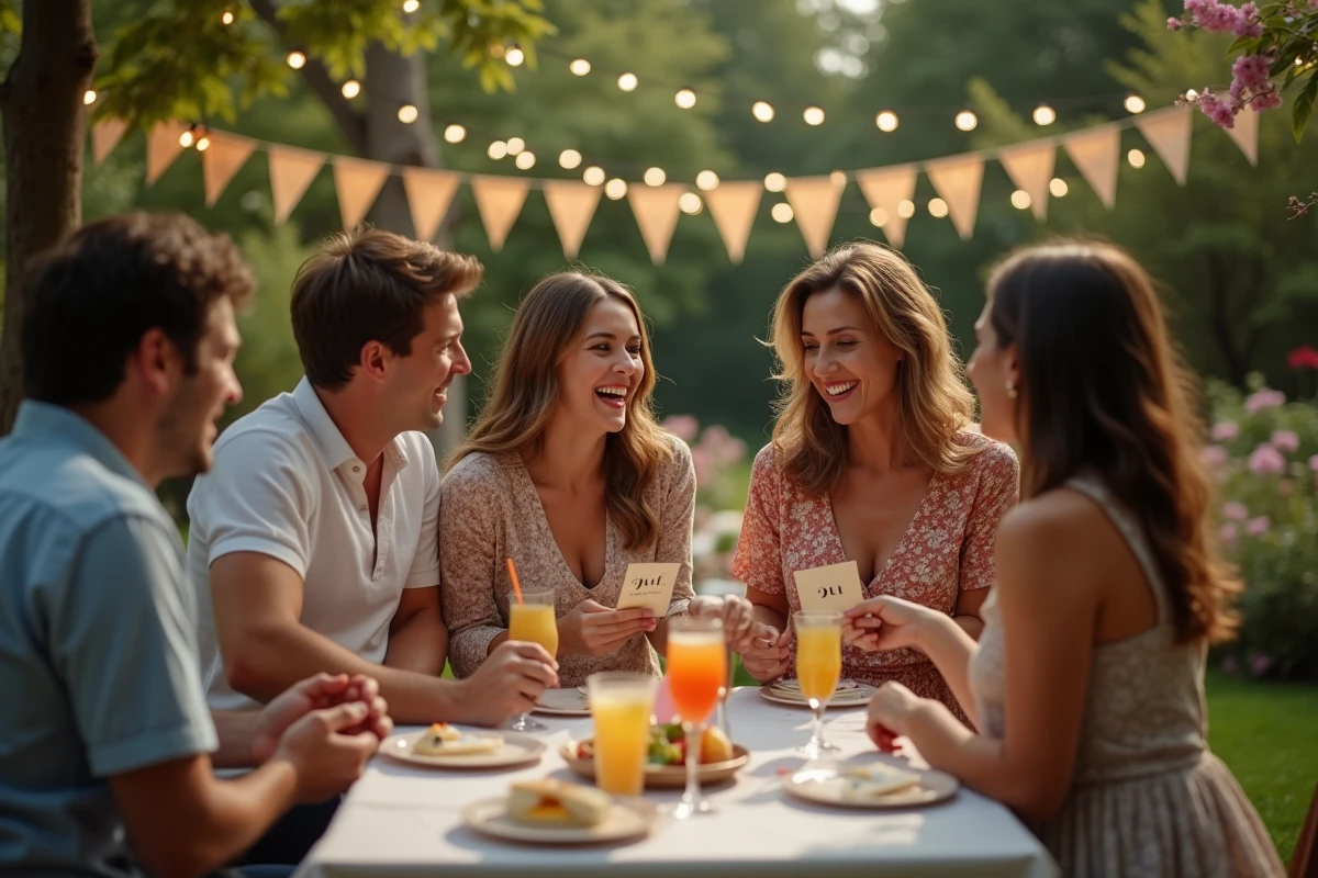 Couples réunis dans un jardin pour jouer aux Questions Les Z'amours lors d'une fête d'anniversaire estivale