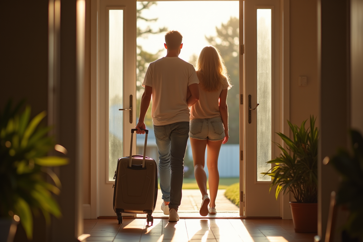 Jeune adulte partant avec une valise sous le regard d