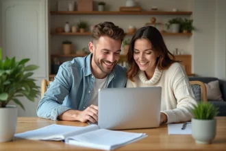 Jeune couple regardant un site de liste de naissance à la maison