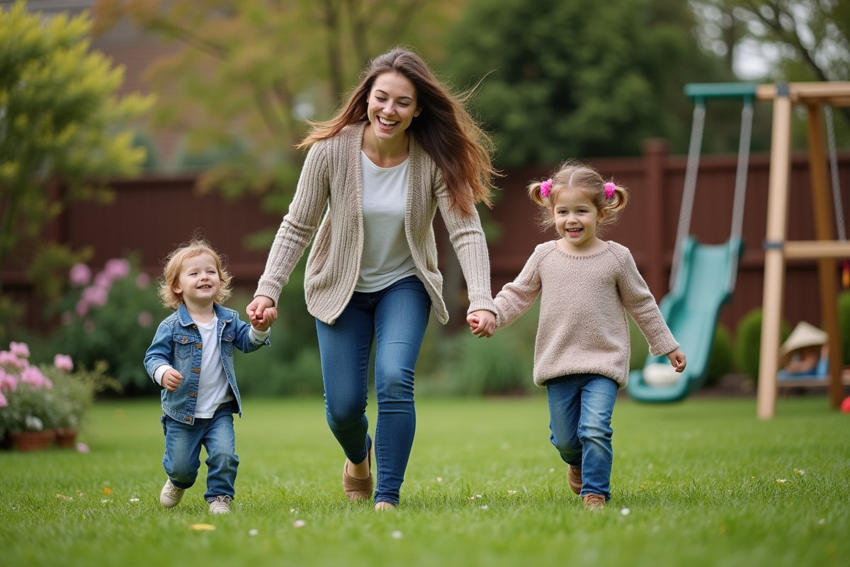 Jeune couple jouant avec enfants dans un jardin verdoyant