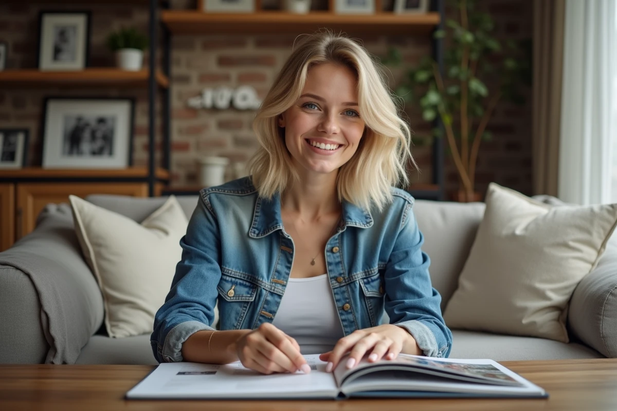 Jeune femme blonde feuilletant un album photo dans un salon cosy
