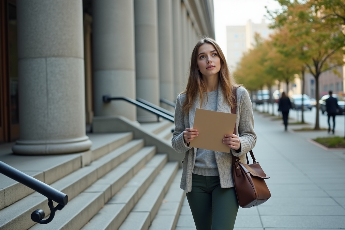 Jeune femme dehors devant un bâtiment officiel