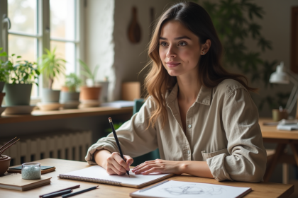 Jeune femme en train de dessiner dans un studio lumineux