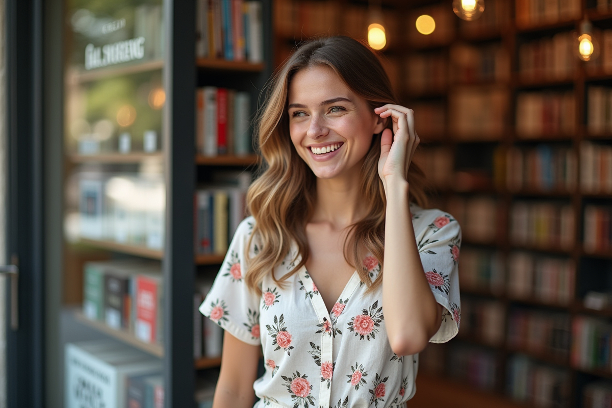 Jeune femme souriante devant une librairie