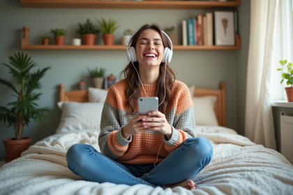 Jeune femme souriante en sweater coloré et jeans dans sa chambre lumineuse
