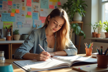 Jeune femme dans un studio lumineux esquissant des idées