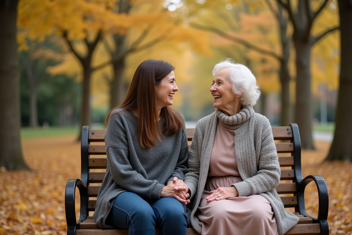 Jeune femme et grand-mère partageant un moment dans un parc