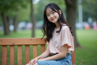 Jeune fille assise sur un banc dans un parc vert