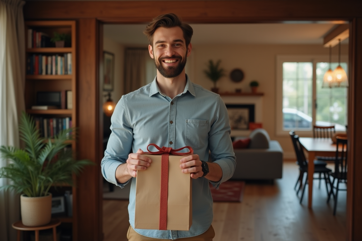 Jeune homme présentant un cadeau dans un salon chaleureux