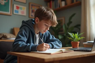 Adolescent concentré à écrire dans sa chambre chaleureuse
