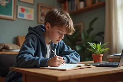 Adolescent concentr&eacute; &agrave; &eacute;crire dans sa chambre chaleureuse