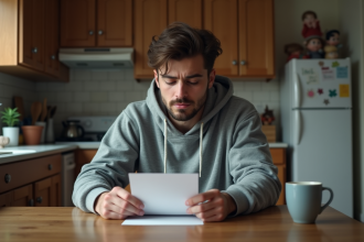 Jeune homme en hoodie lisant une lettre dans la cuisine