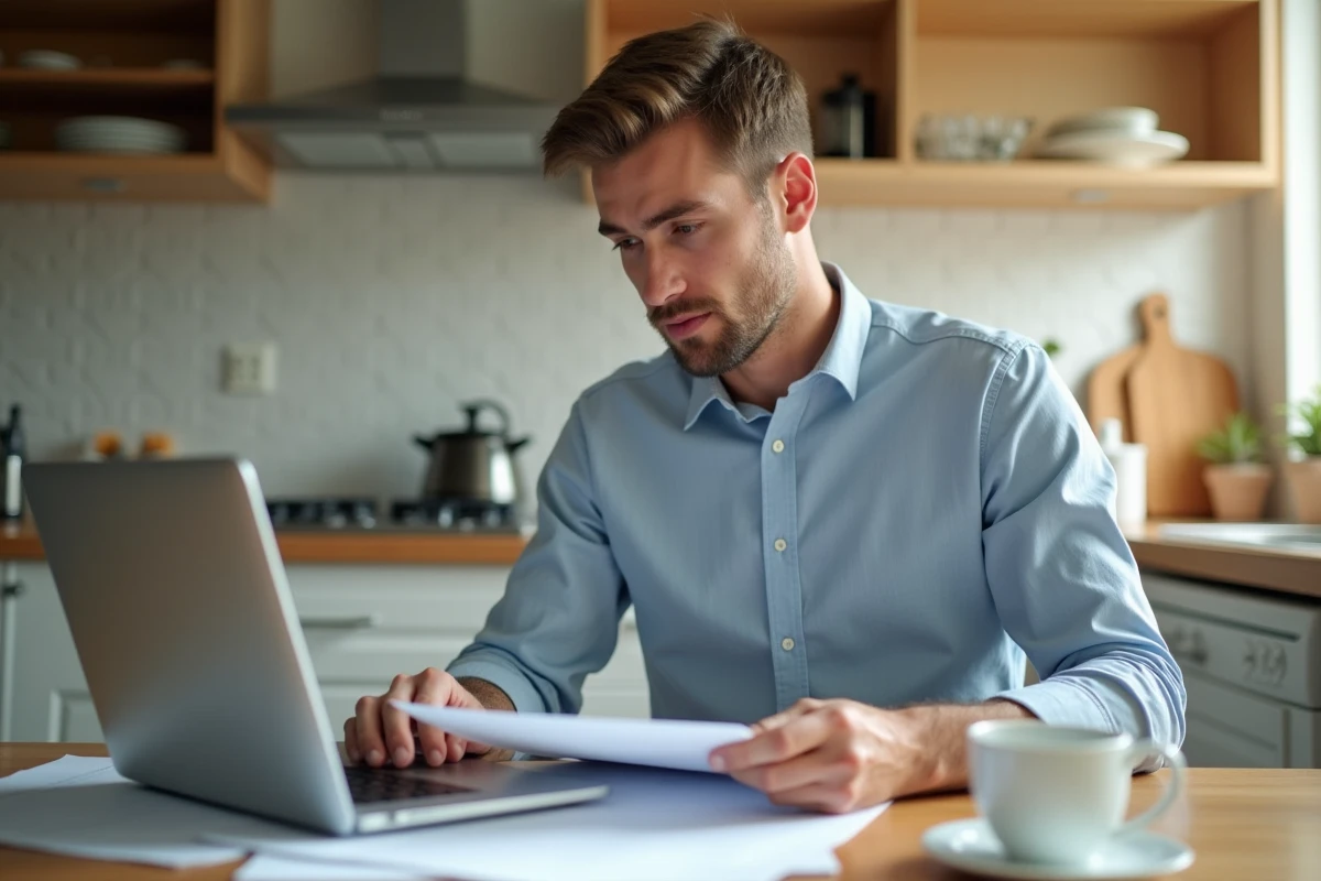 Jeune homme organisant ses finances &agrave; la maison
