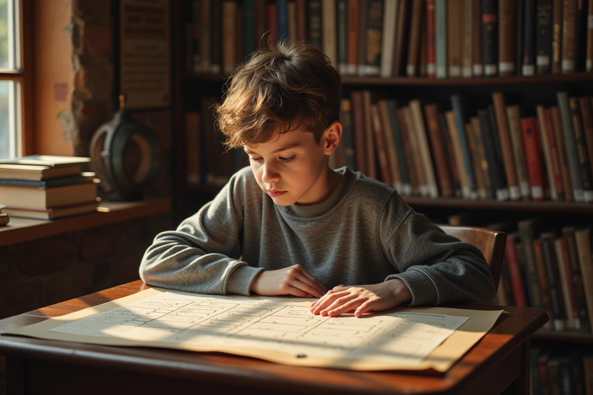 Jeune lisant un arbre genealogique dans une bibliothèque chaleureuse