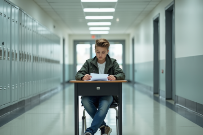 Adolescent en classe dans un couloir scolaire moderne