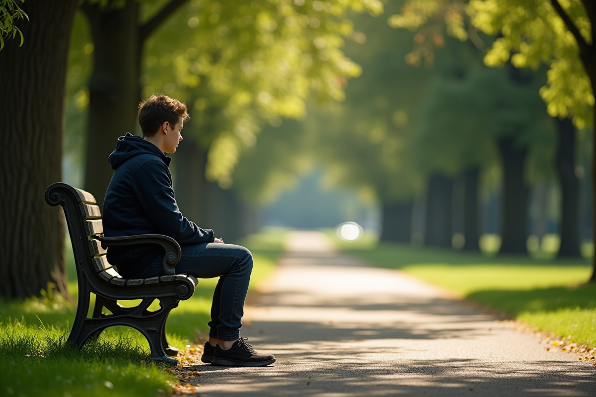 Jeune adulte seul sur un banc de parc en réflexion