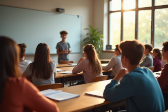 Groupe d'adolescents en classe écoutant un jeune conférencier