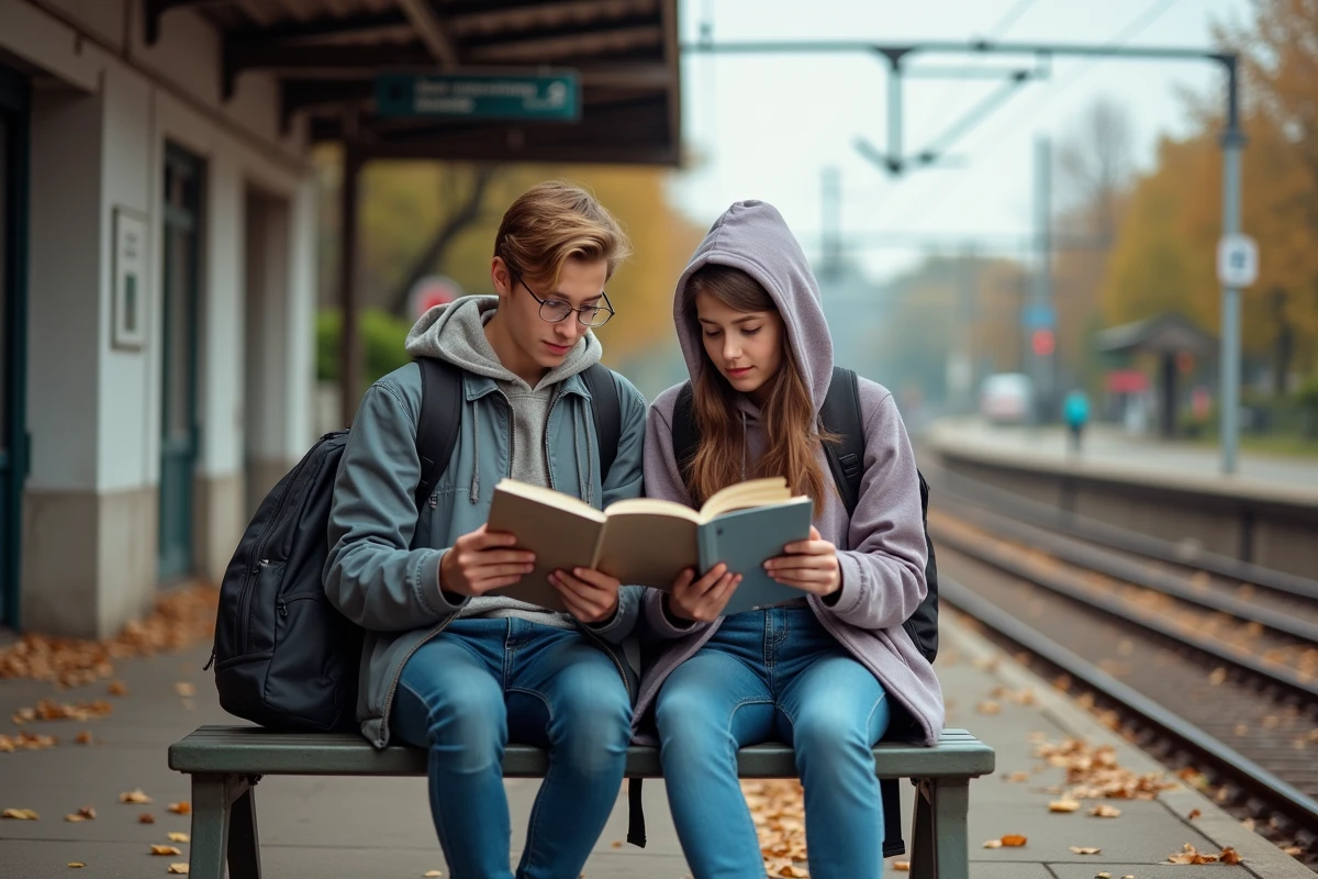 Adolescents assis sur un banc à la gare en voyage