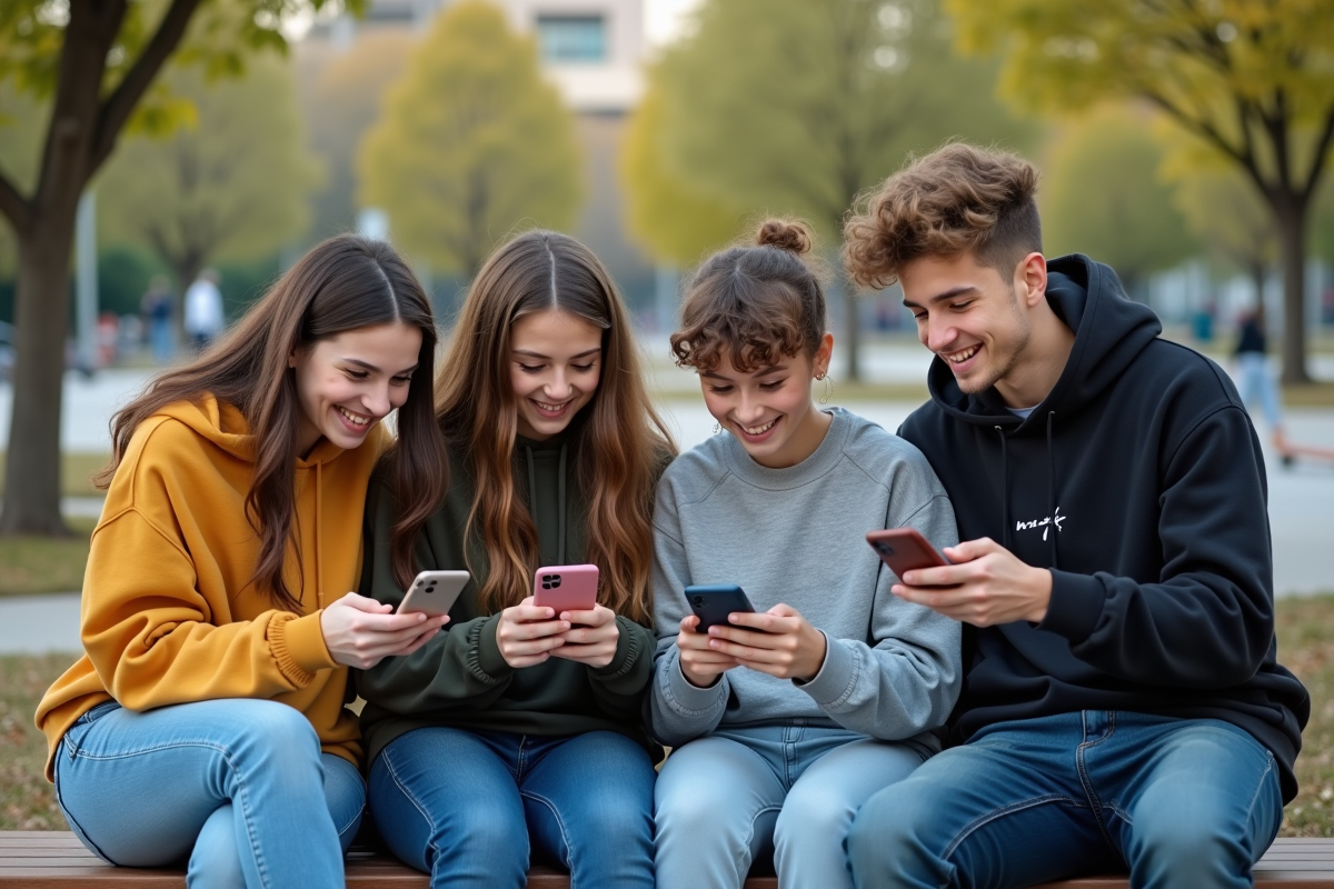 Groupe de jeunes gen z assis sur un banc dans un parc urbain